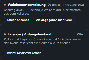 Weinrecht & Meldungen: zehn Meldekarten von der Bestandsmeldung bis zur Vollständigkeitserklärung (PPWR), jede mit Frist, Status und der Herkunft ihrer Zahlen
