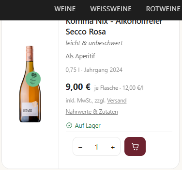 Der Shop unter Ihrer eigenen Adresse: Jahrgang, Grundpreis je Liter, „Auf Lager“ und der Weg zu Nährwerten und Zutaten — alles aus dem Artikelstamm