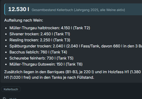 VINI im Gespräch: „Wie viel Wein liegt noch im Keller?“ — 12.530 l, aufgeschlüsselt je Tank, mit dem Herkunftsvermerk Kellerbuch